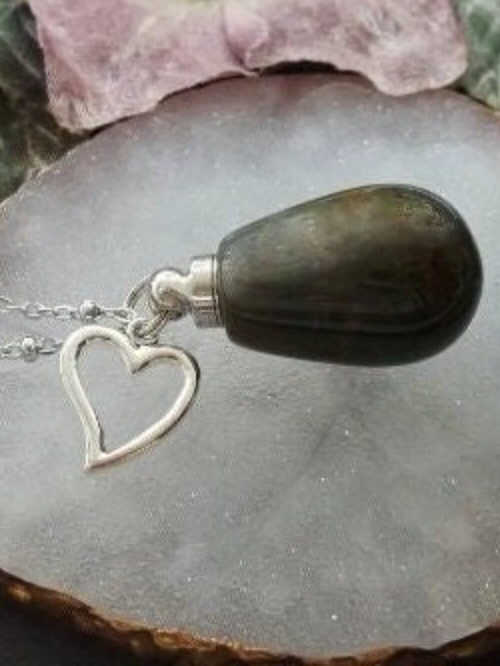 Locket Agate Necklace with Heart Charm - Keepsake - Green Stone - Teardrop